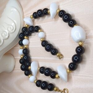 Vintage 60s Glass Beaded Necklace Black White Mid Century Elegant Mod Gogo 22"